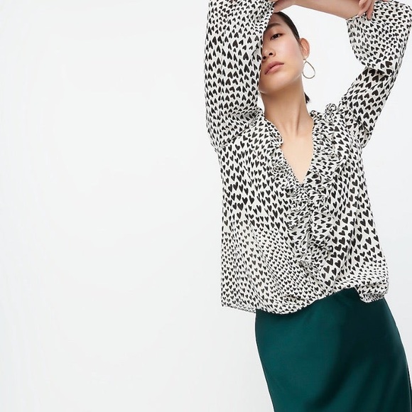 J. Crew Black & White Heart Print Ruffle Blouse - Picture 1 of 11